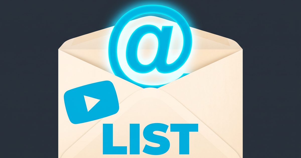 A giant open envelope with a glowing at-symbol and a play-button stamp, representing a creator's email list