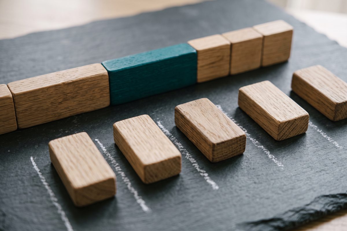 Wooden blocks in two rows, one pulled tightly together and one spaced on separate lanes