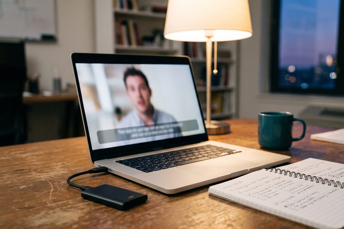 Laptop showing a blurred talking-head video with an empty caption bar, an external drive plugged in