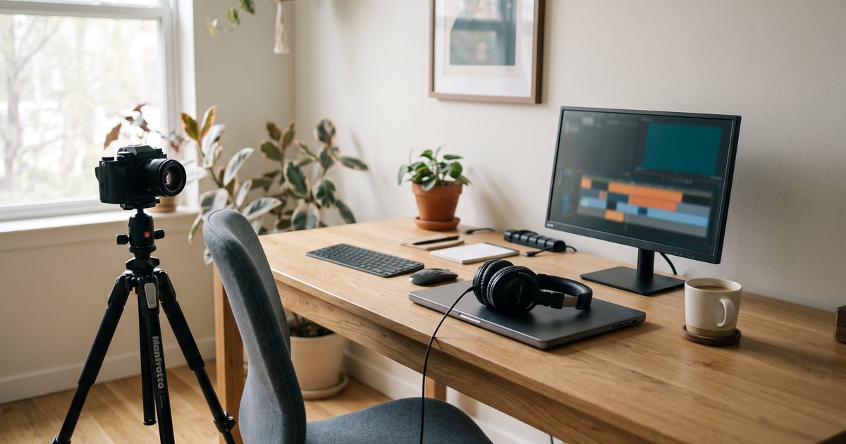 Solo video editor's desk with a laptop, second monitor showing an abstract timeline, and a camera on a tripod