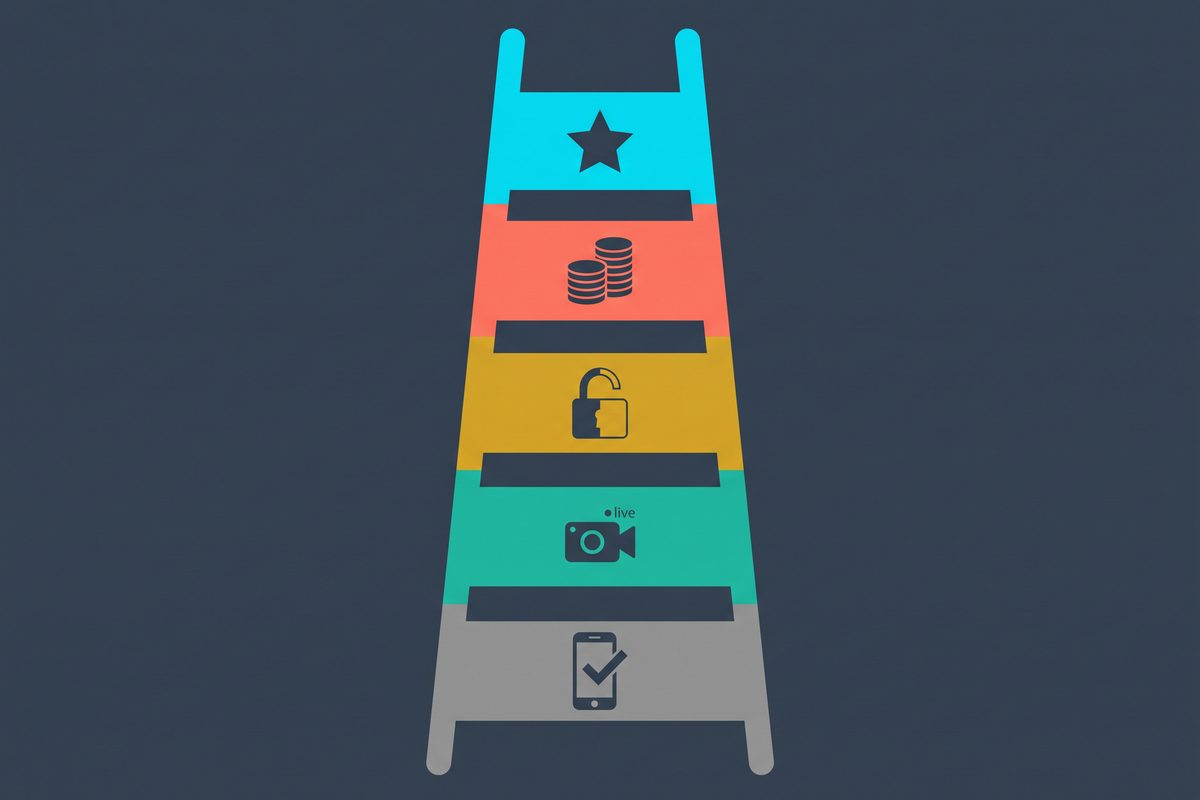 Five-rung color ladder with icons for verification, live streaming, early monetization, ad revenue and a star at the top.