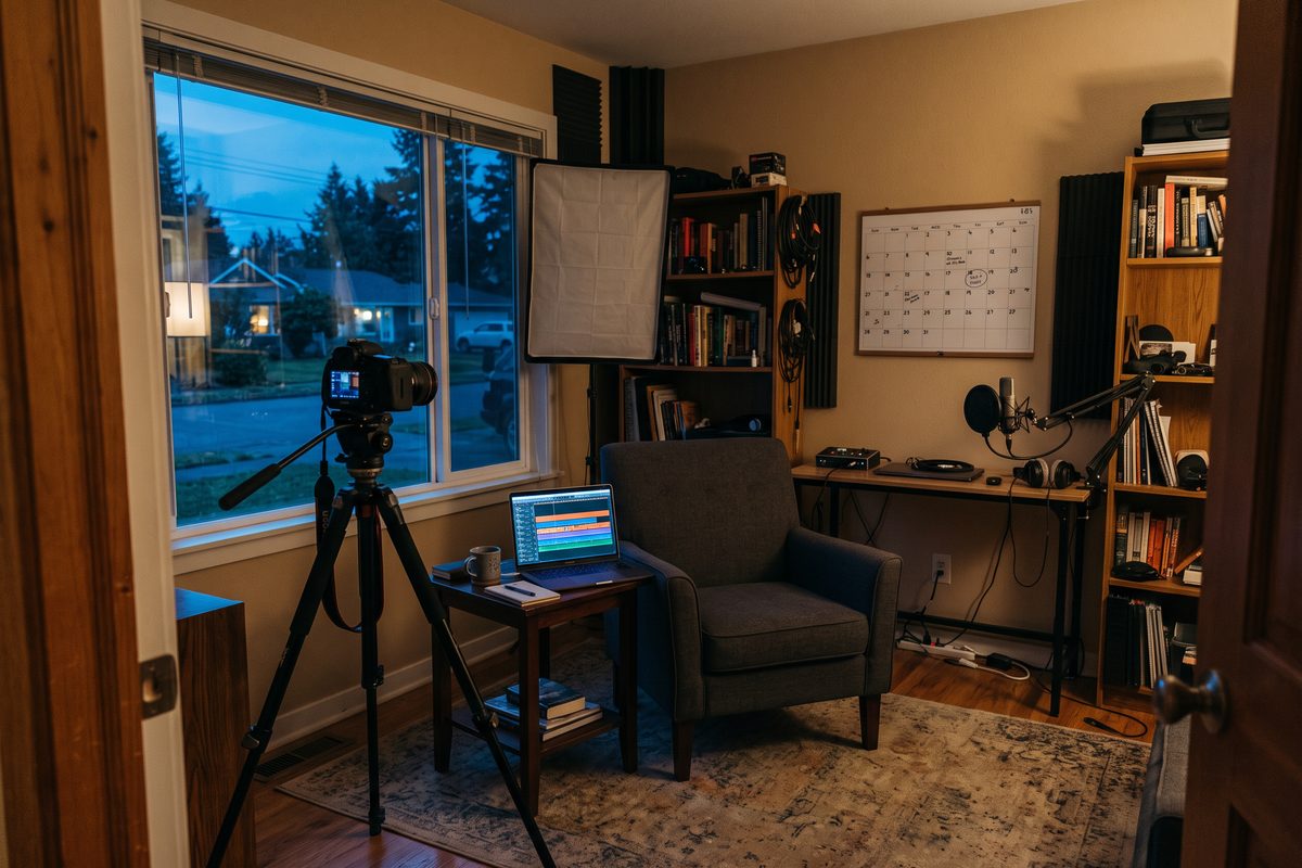 Empty home studio at dusk with a camera on a tripod, a switched-off light and a laptop glowing with an editing timeline.