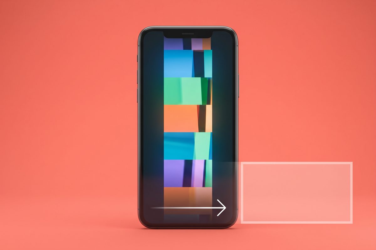 Oversized upright phone on a coral background with a vertical video strip and an arrow pointing to a wide video frame.