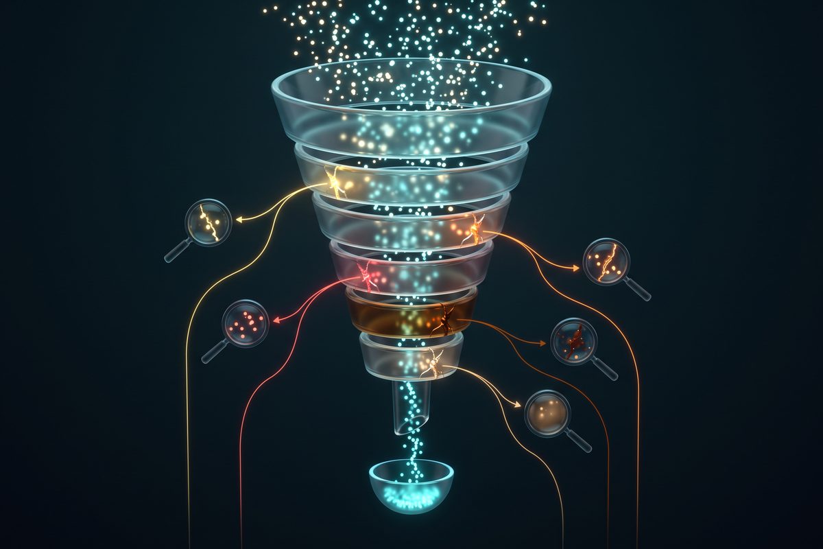 Glass funnel of five rings leaking glowing particles at each stage, with a magnifying lens beside every leak.