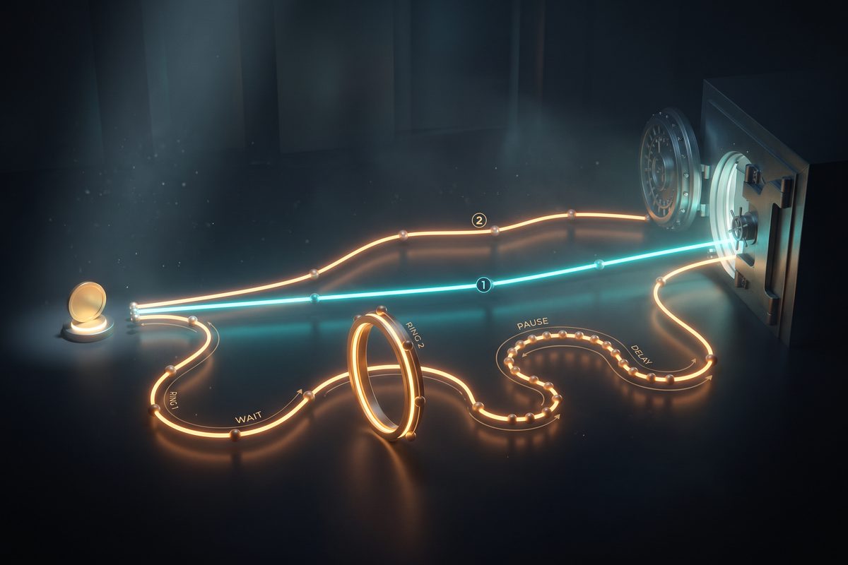 Three glowing 3D paths of different lengths carrying a coin to a vault, showing different payout speeds.