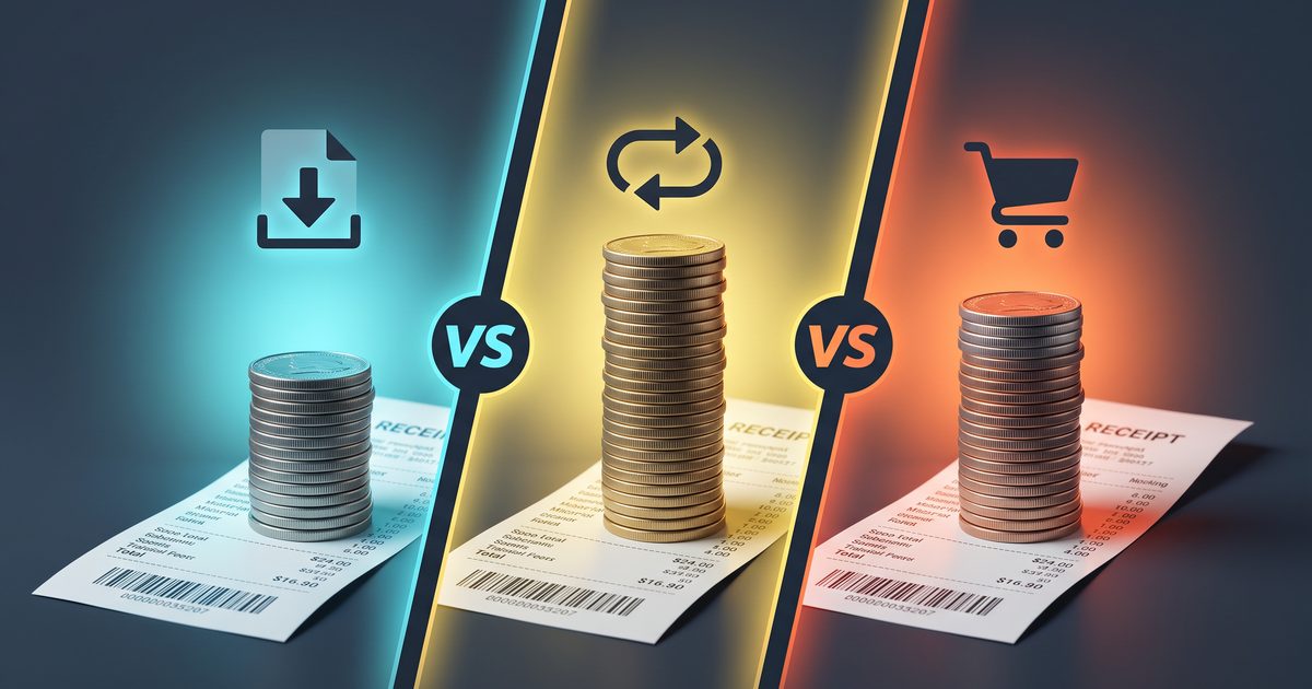 Three coin stacks of different heights on receipts, split by VS emblems, comparing fees on three digital-product platforms