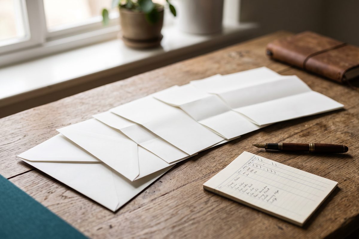 Envelopes and folded statements fanned across a wooden desk with two gaps in the row, next to a small ledger