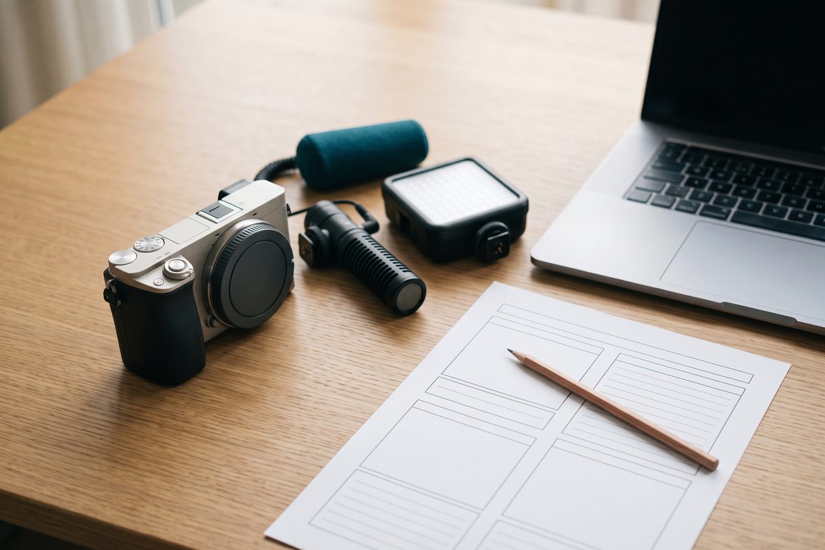 Camera, microphone and LED light arranged next to a laptop and a blank printed worksheet on a wooden desk