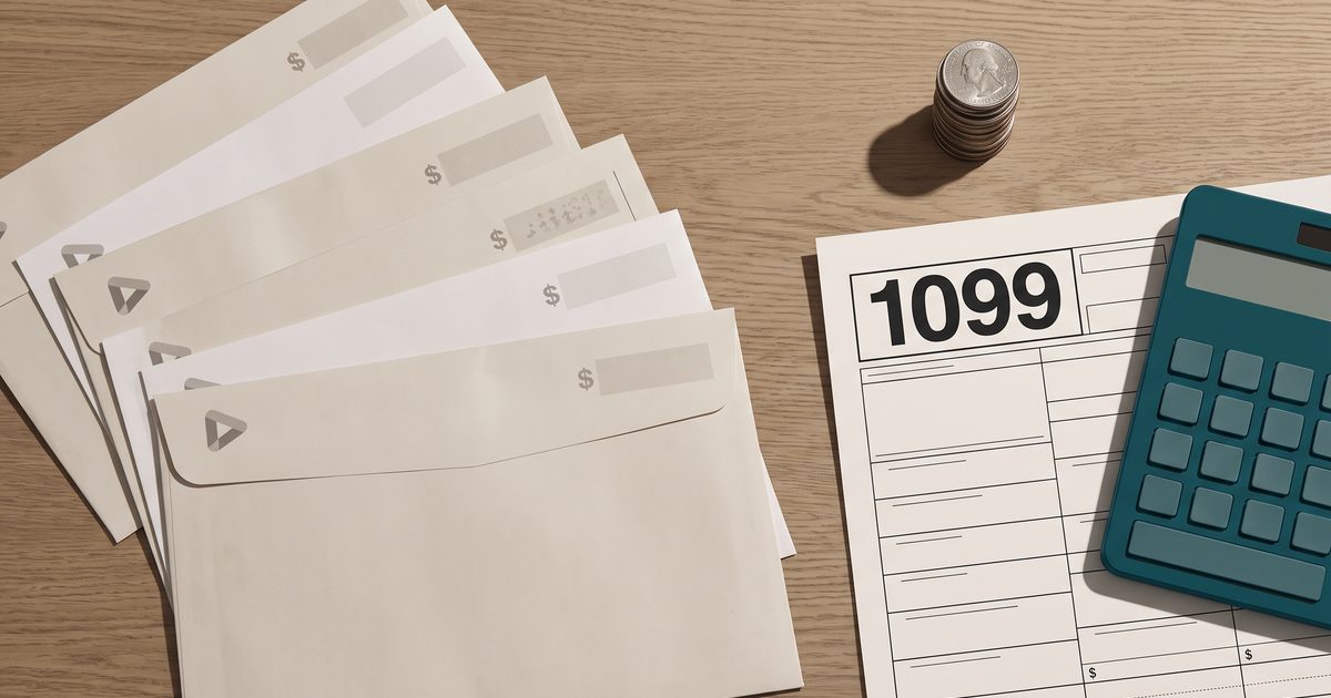 Stack of platform payout envelopes beside a 1099 tax form, a calculator and a coin stack on a wooden desk