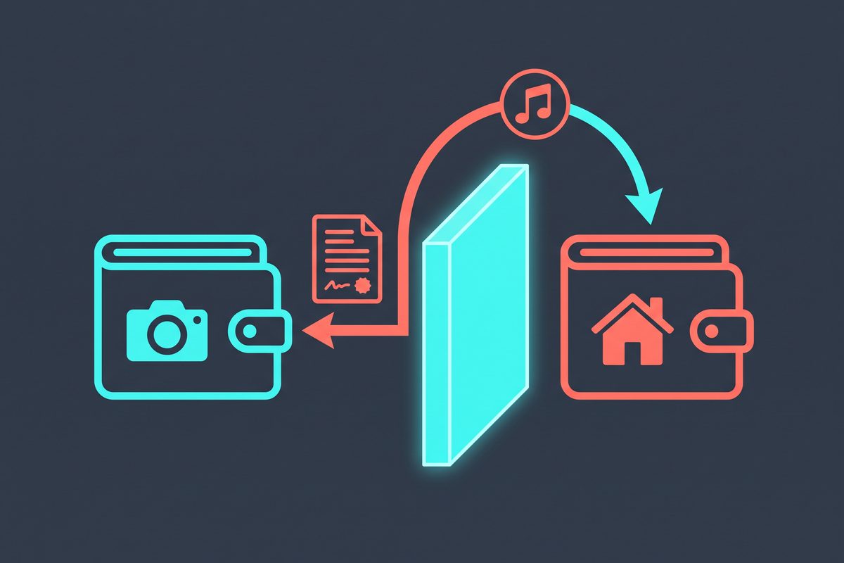 Diagram of a business wallet and a personal wallet separated by a wall, with one claim arrow passing over it.
