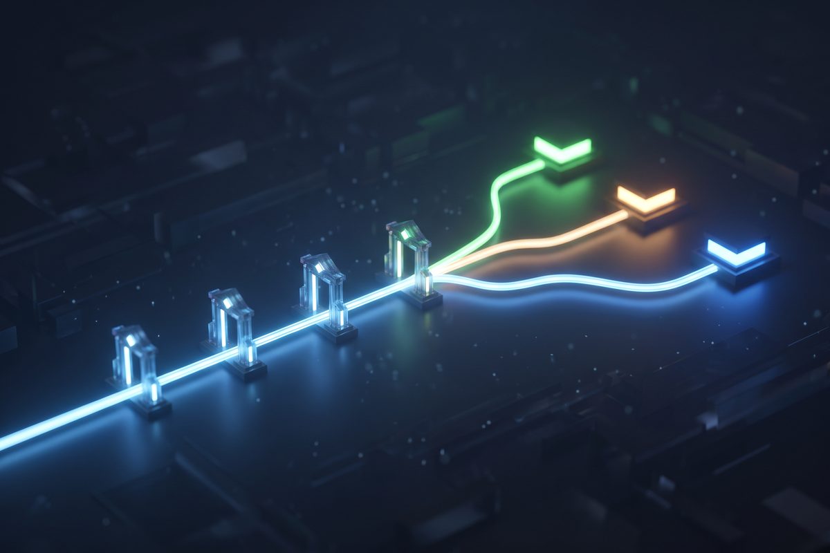 A glowing path passing six decision nodes and ending on three different colored platforms.