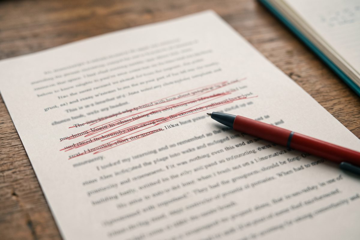 Red pen resting on a printed page with several lines crossed out