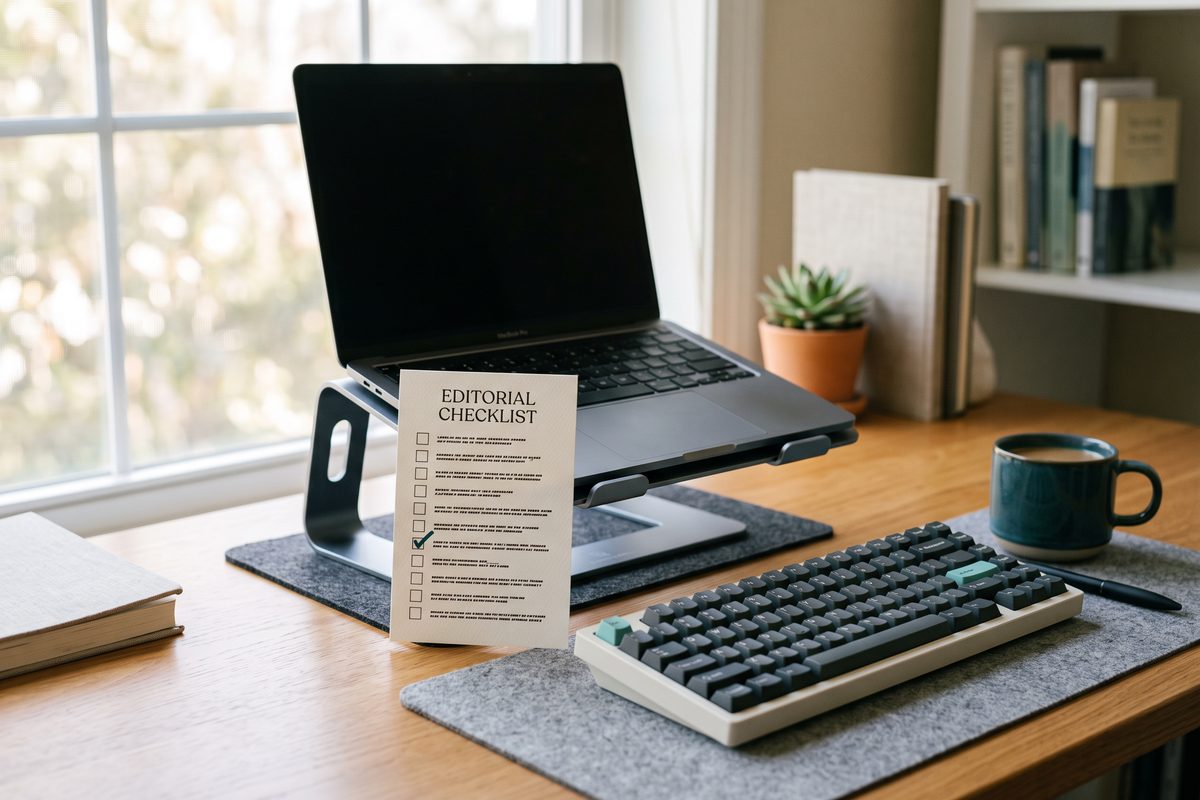 Printed checklist card propped beside a keyboard on a tidy desk