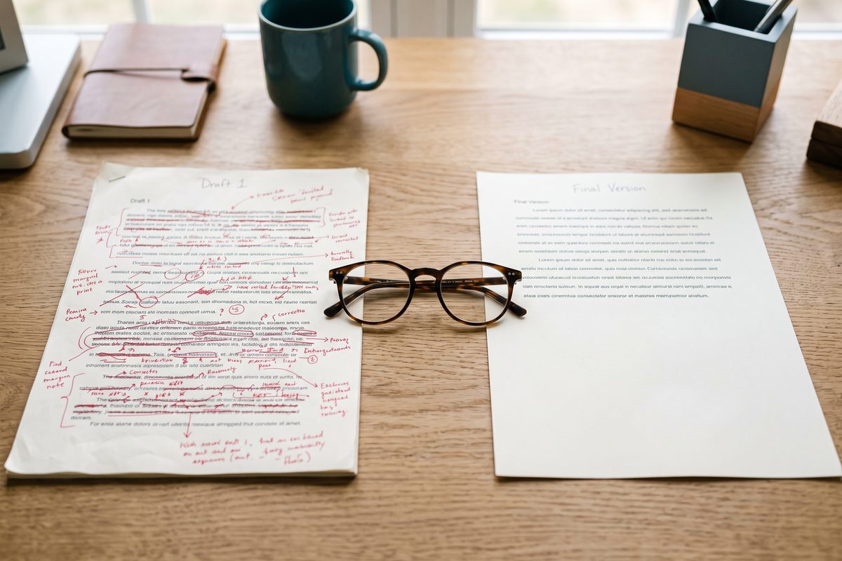 A heavily marked-up draft beside a shorter clean version on a wooden desk