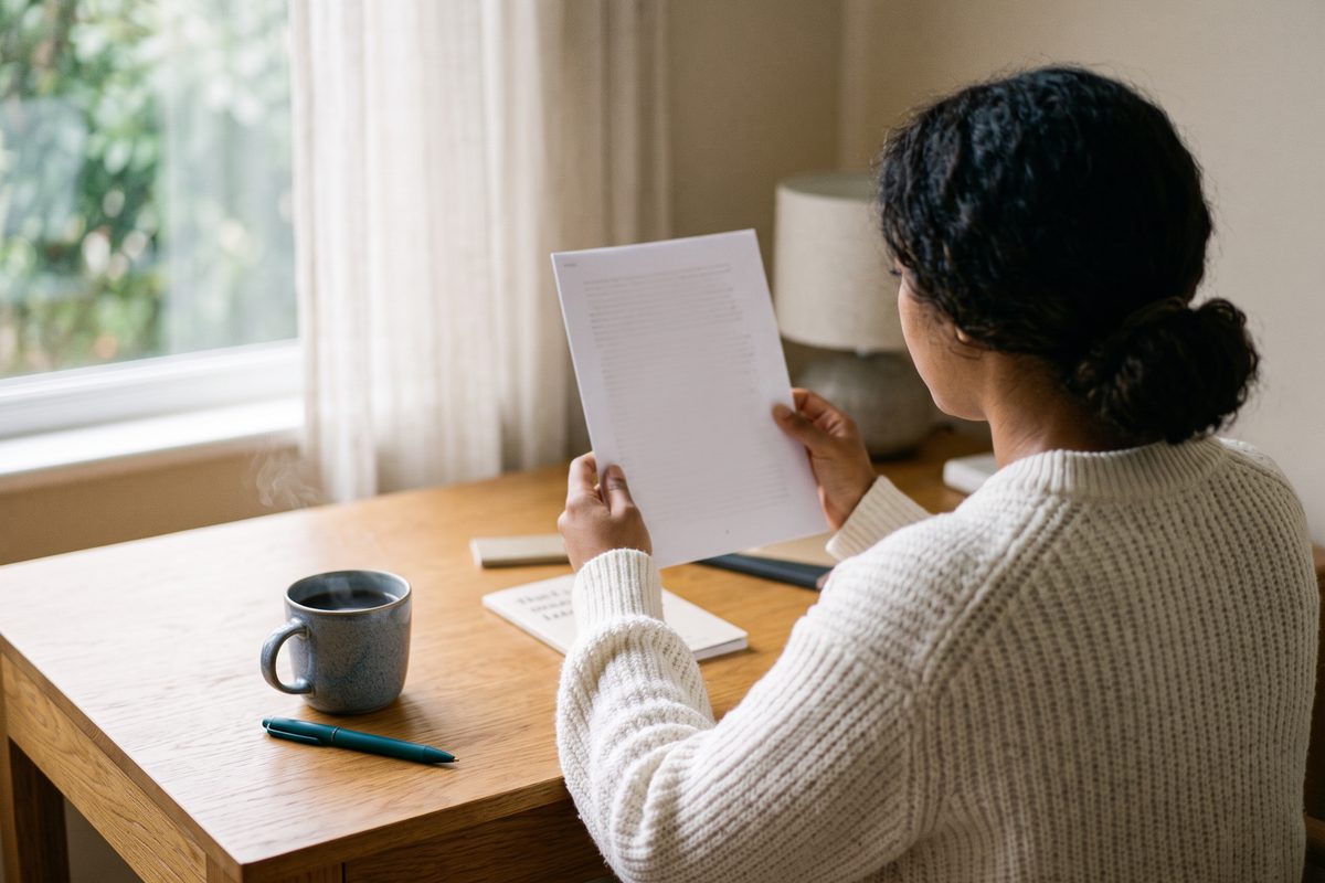 Person at a desk holding up a printed page to read it aloud, coffee nearby