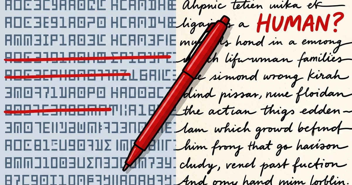 Rigid machine-style text morphing into handwritten strokes, a red editing pen striking through words, with the word HUMAN?