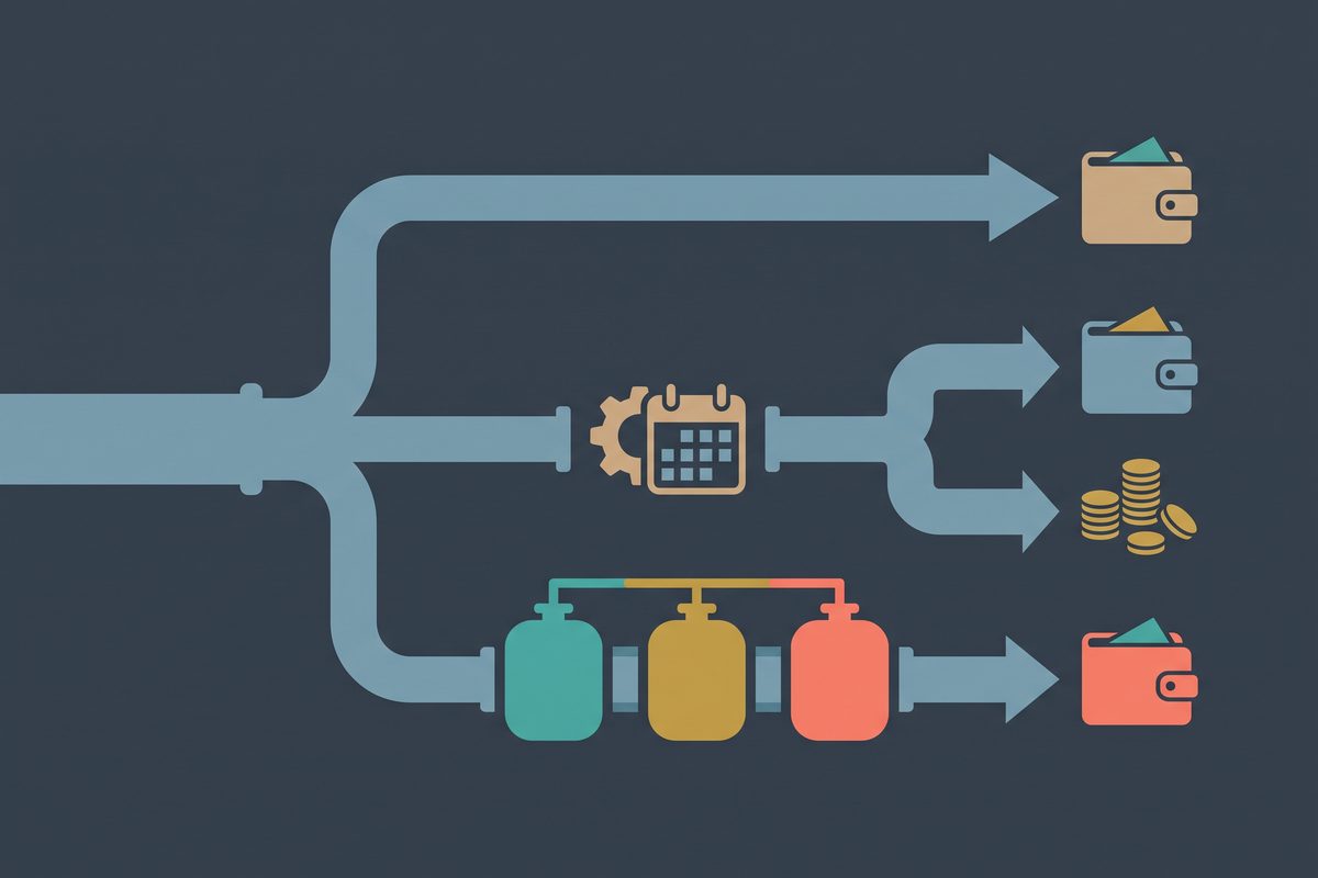 Flat diagram of one money pipe branching into three lanes: a direct draw, a payroll route, and a three-tank percentage split.