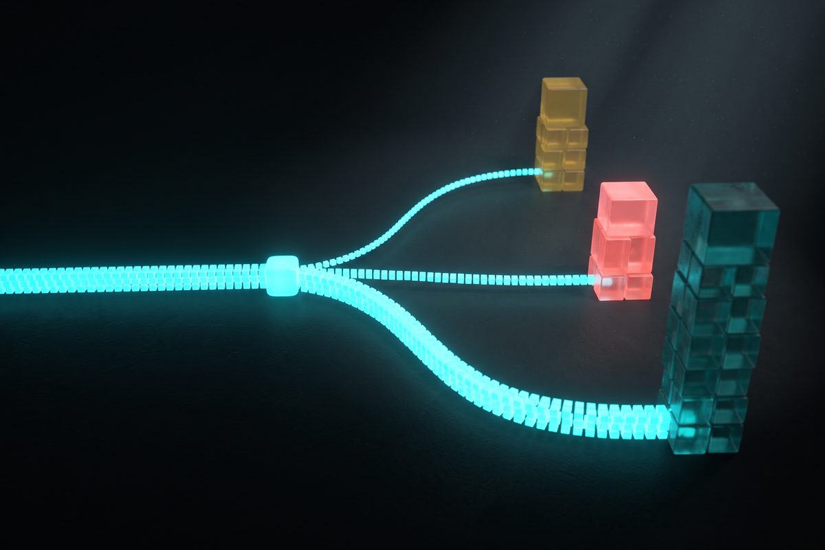 Abstract 3D render of a glowing stream dividing at one node into three paths that build blocks of different heights.