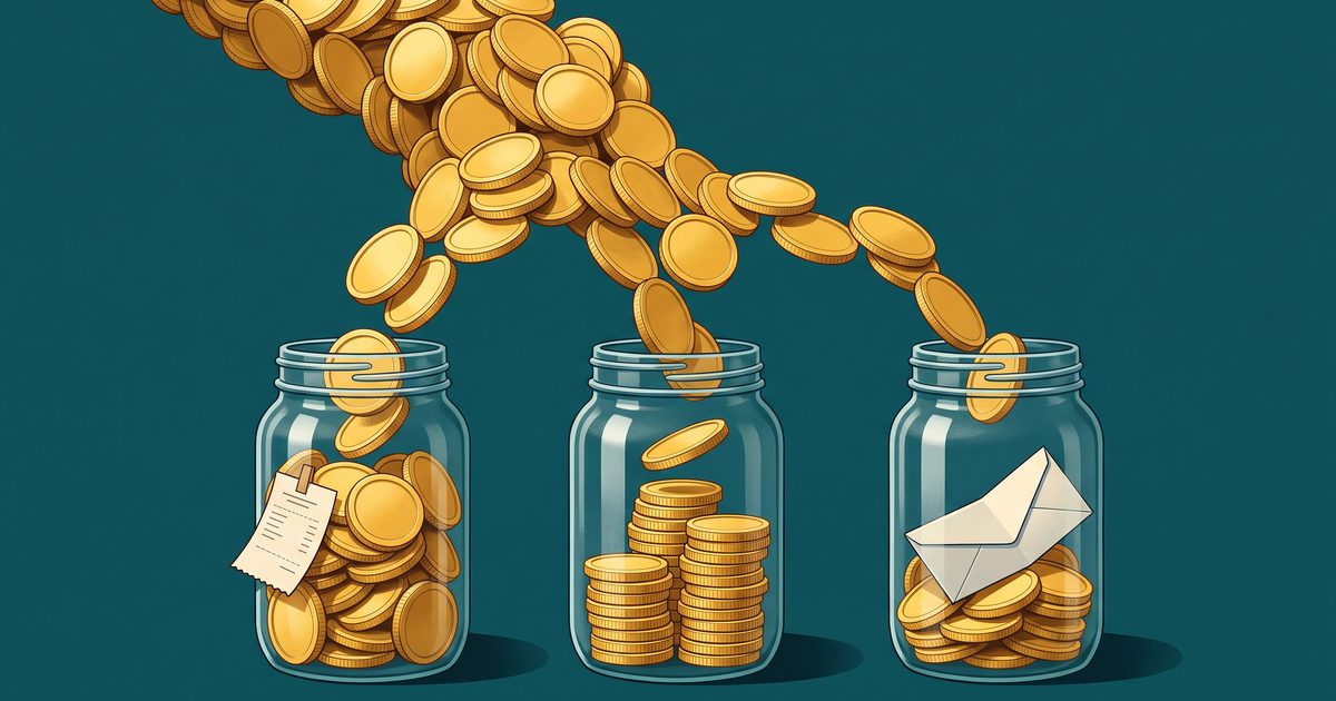 Stream of gold coins splitting into three glass jars on a deep-teal background, one jar topped with a pay envelope