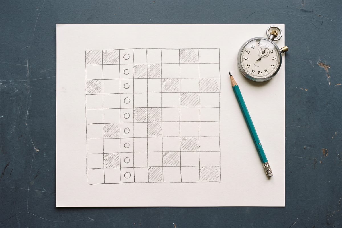 Hand-drawn pencil grid on paper with a stopwatch resting on one corner and a teal pencil beside it