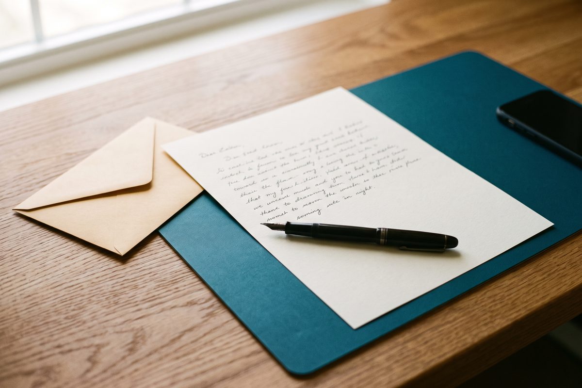 One handwritten letter with a pen resting on it, an envelope and a face-down phone beside it on a wooden desk