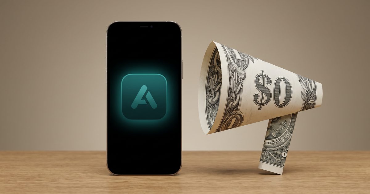 Smartphone with one glowing app icon beside a megaphone folded from a zero-dollar bill on a wooden desk