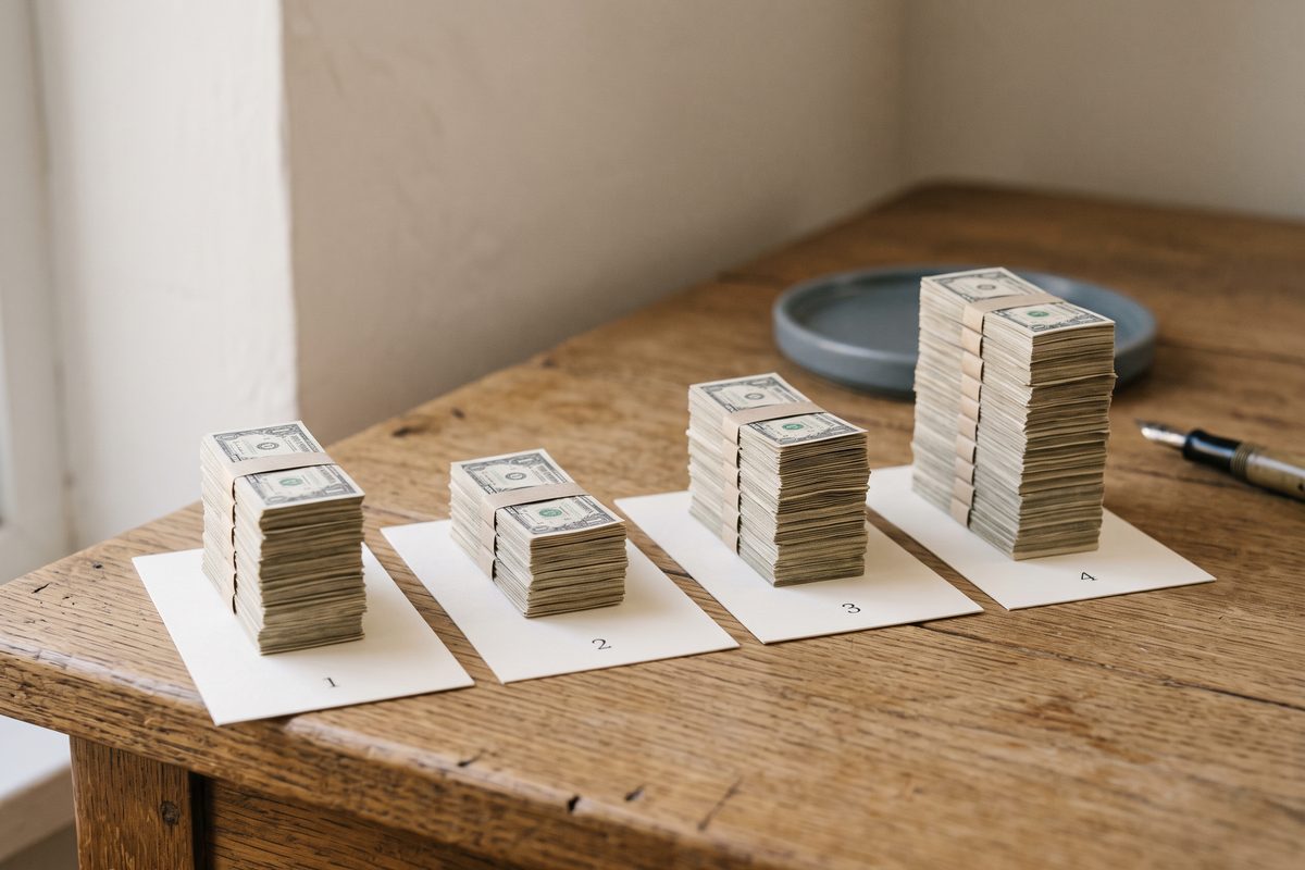 Four unequal stacks of paper money on cards along a desk, suggesting four unequal tax payment periods