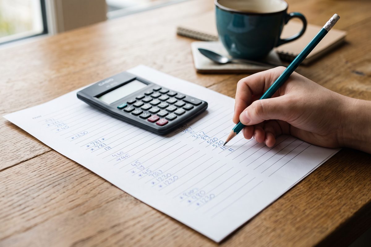 Calculator and pencil on a worksheet with illegible handwritten figures on a desk