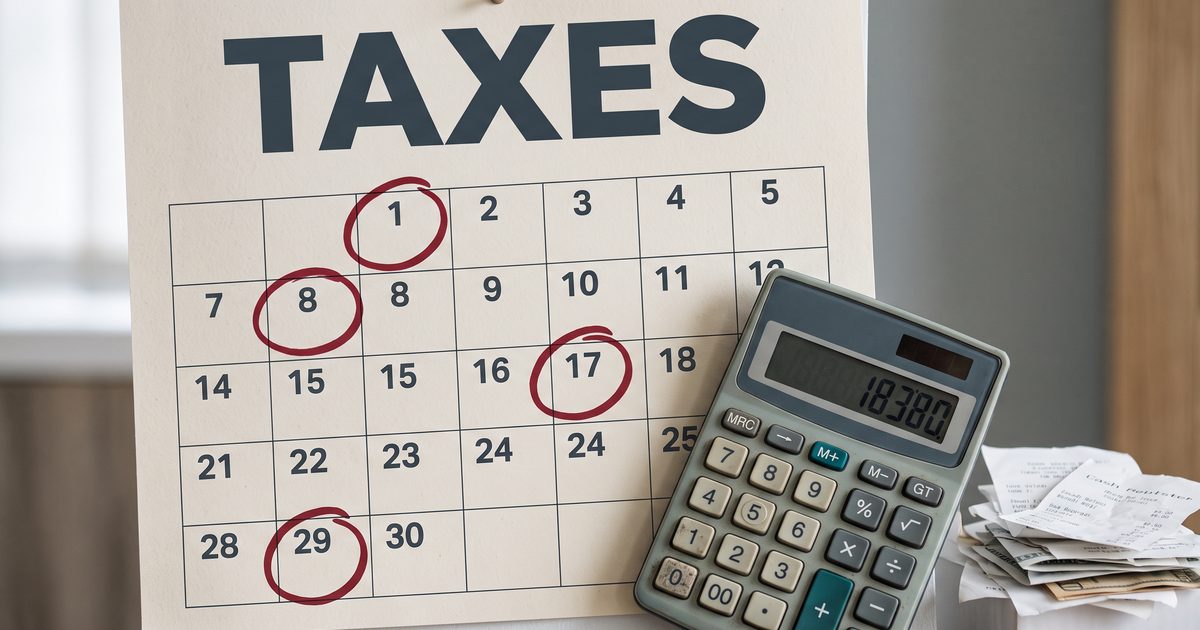 Wall calendar with four dates circled in red next to an oversized calculator and a stack of receipts