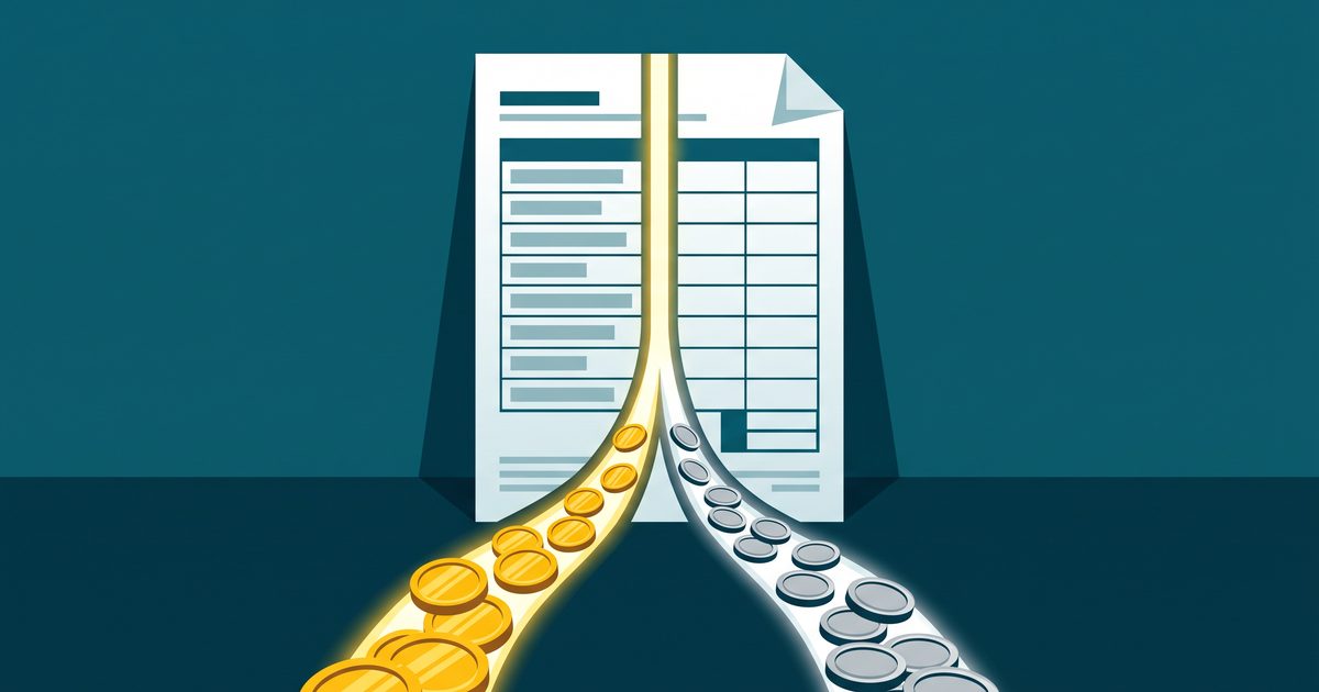 Oversized blank tax form on a teal background with a line of profit splitting into two streams of coins