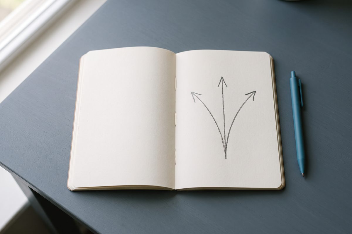 Open notebook with three pencil lines branching from a single point, a teal pen beside it