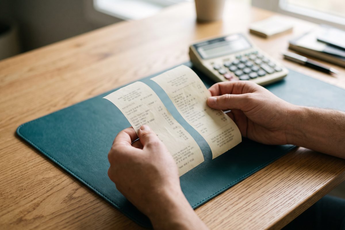 Two hands comparing two paper receipts side by side above a wooden desk