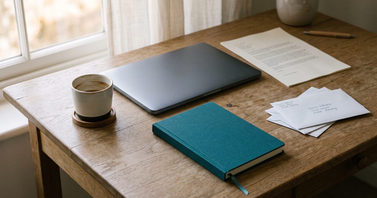 Closed laptop on a wooden desk beside a printed page and a cold cup of coffee, morning light from a window