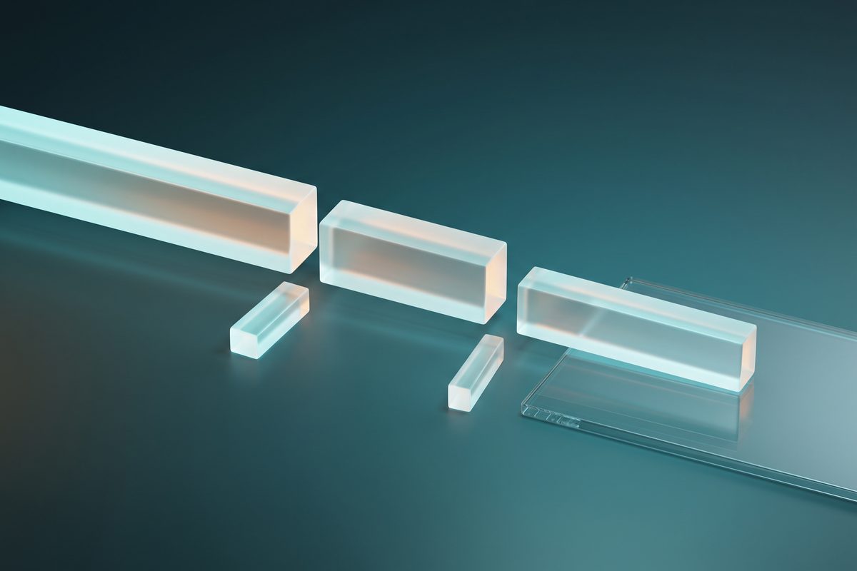 Glowing bar losing two thin slices as it moves left to right, ending shorter on a glass plate