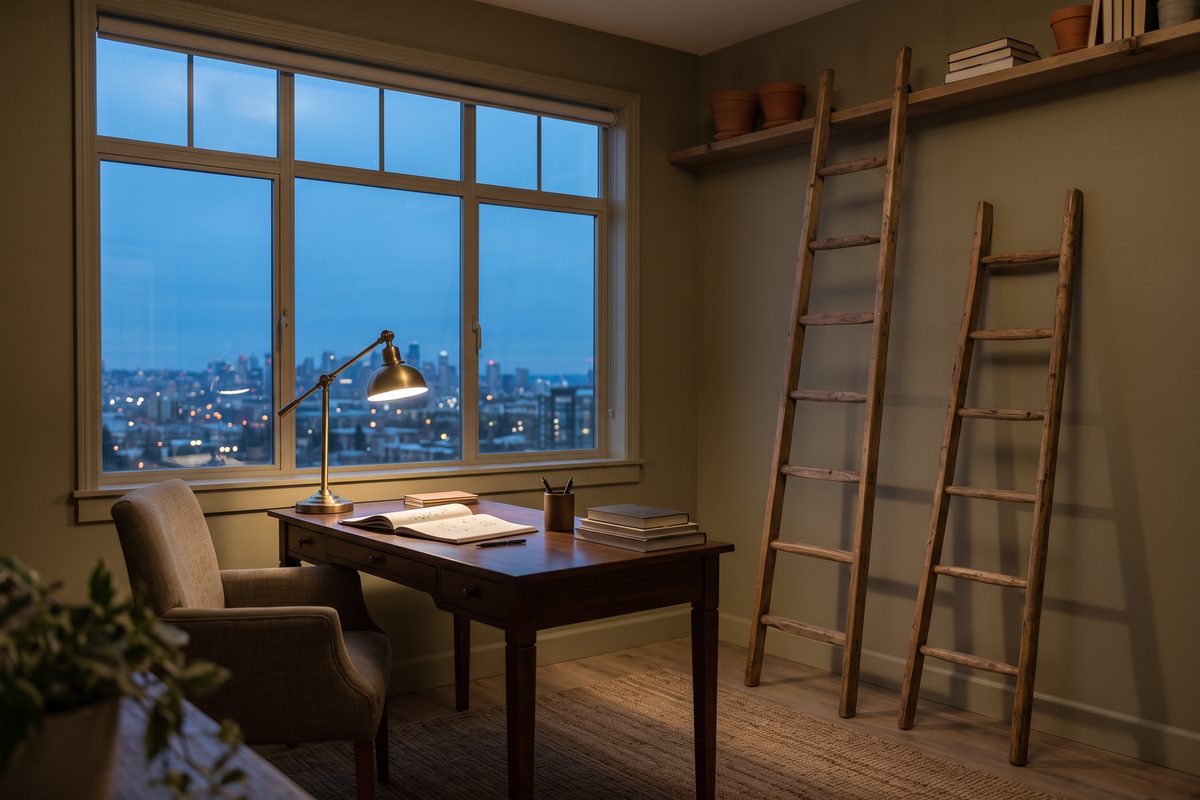 Dusk-lit room with two ladders of different heights leaning toward the same high shelf beside a window