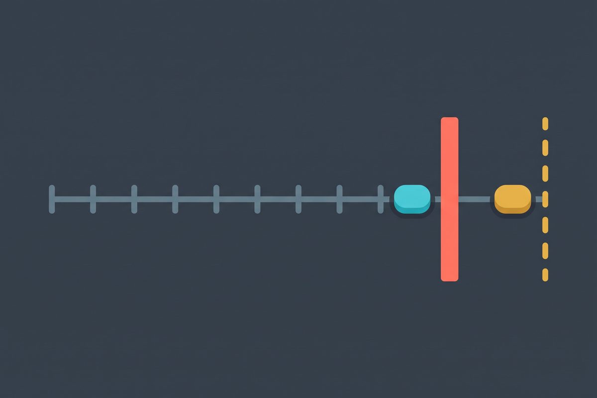 Flat diagram of a timeline with a solid coral gate and a dashed mustard gate, one token stopped and one passing through