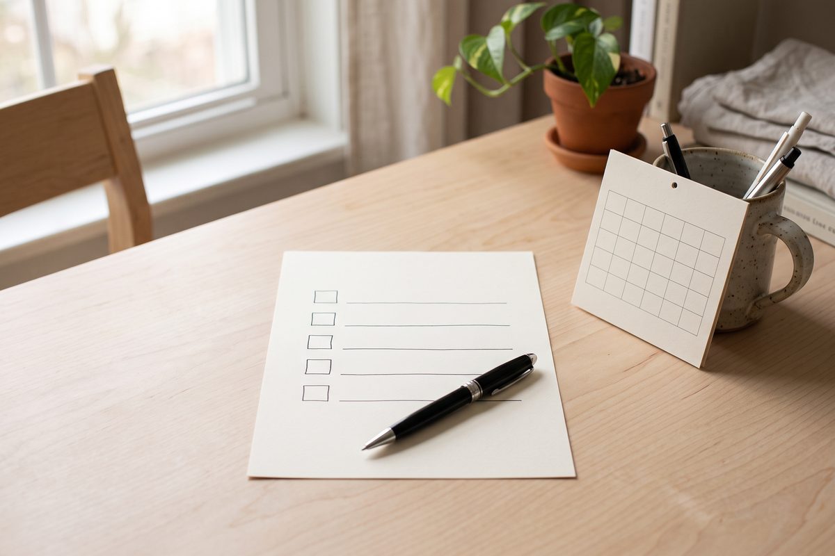 Sheet of paper with five empty checkboxes and a pen on a light wood desk beside a blank calendar page