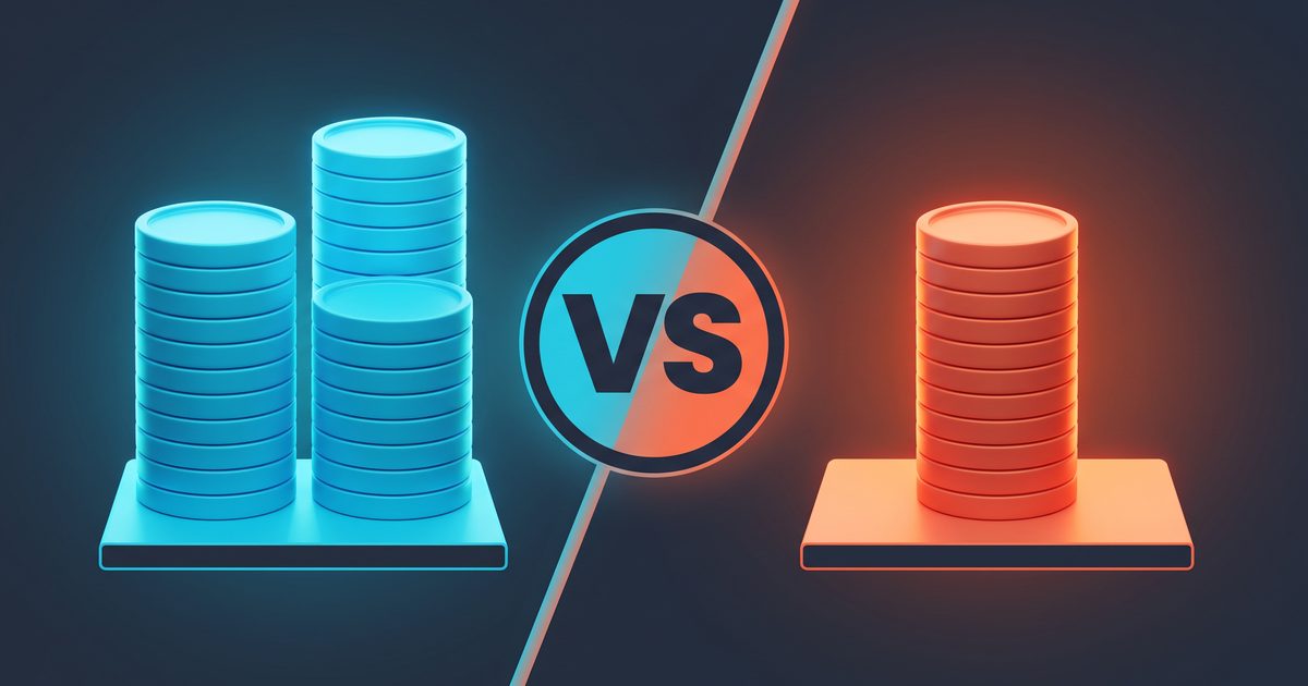 Split-screen versus graphic: two coin stacks glowing blue on the left, one coin stack glowing orange on the right, VS emblem at center
