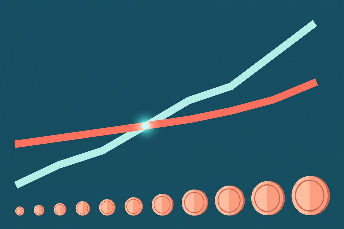 Two fee lines crossing at one point, illustrating the price where a micropayments rate stops being cheaper