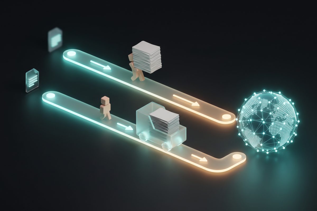 Two glowing paths from a digital file to a globe, one where the seller carries tax paperwork and one where a larger carrier handles it