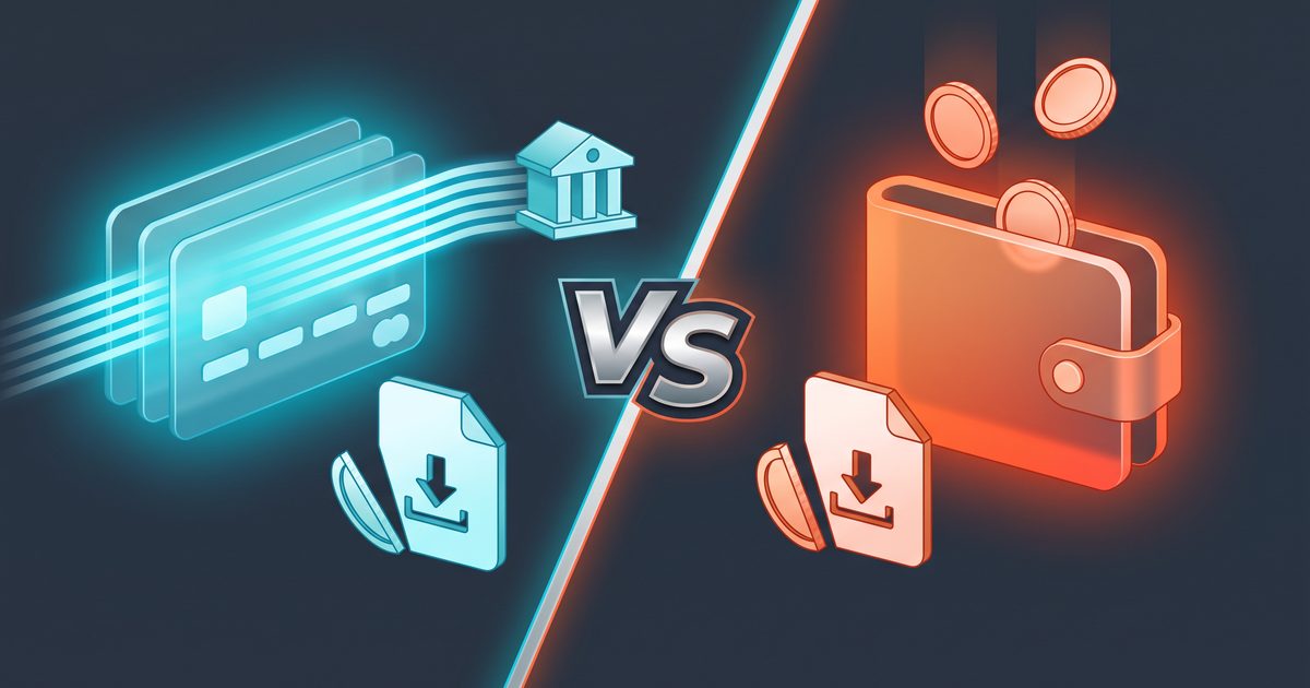Split blue and orange versus illustration of two payment processors each slicing a fee off a digital download