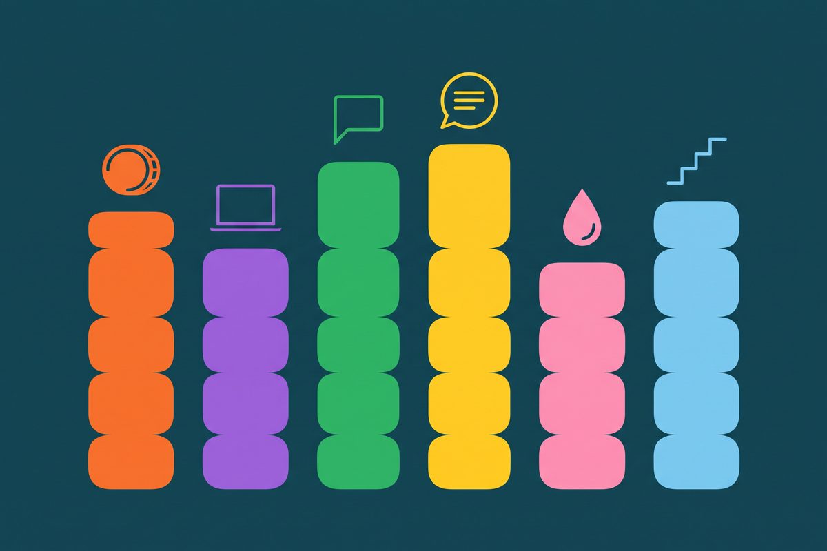 Six colored columns of stacked blocks with small icons on top, suggesting six editors compared on several criteria
