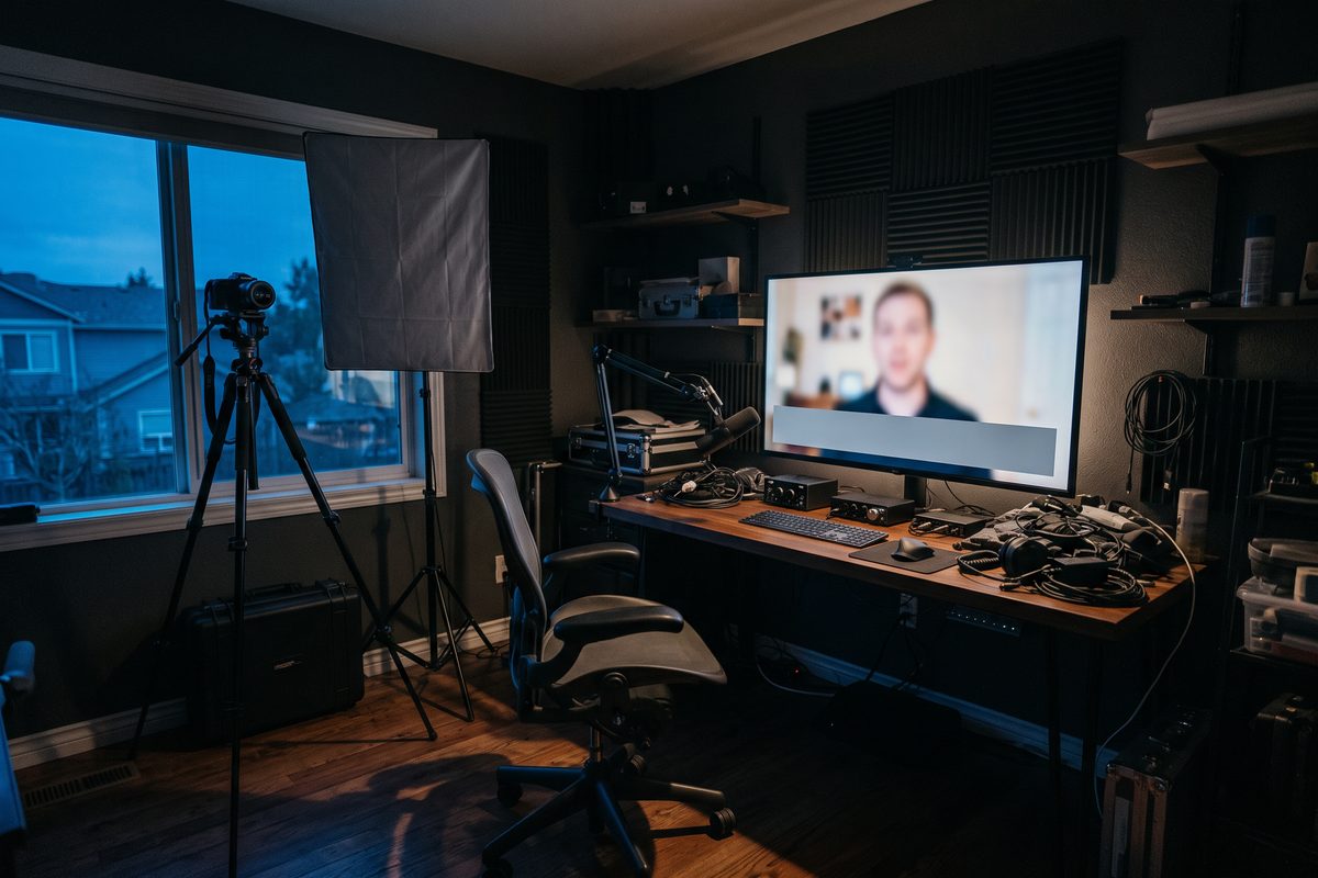 Dim home studio at dusk with a monitor showing a blurred video frame and an empty caption bar, chair empty