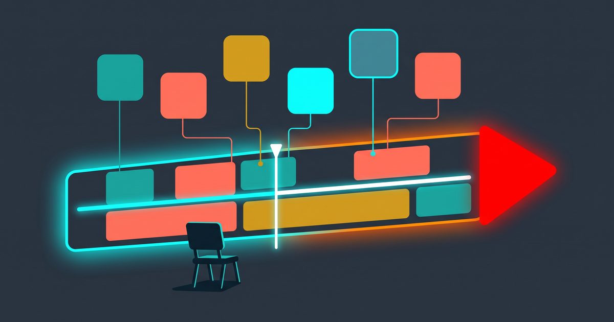 One oversized video editing timeline with six blank app tiles above it and a single empty chair in front