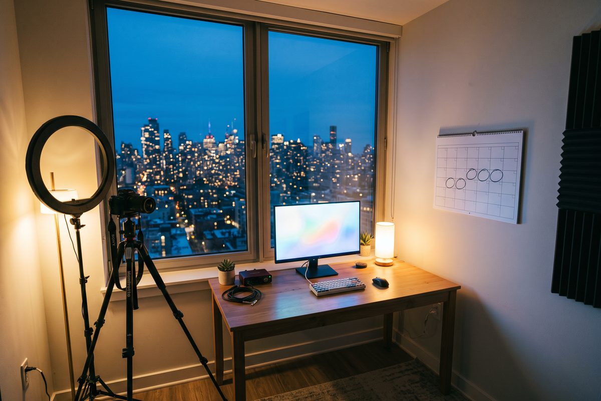 Home video studio at dusk with a glowing monitor chart, camera on tripod and a wall calendar.