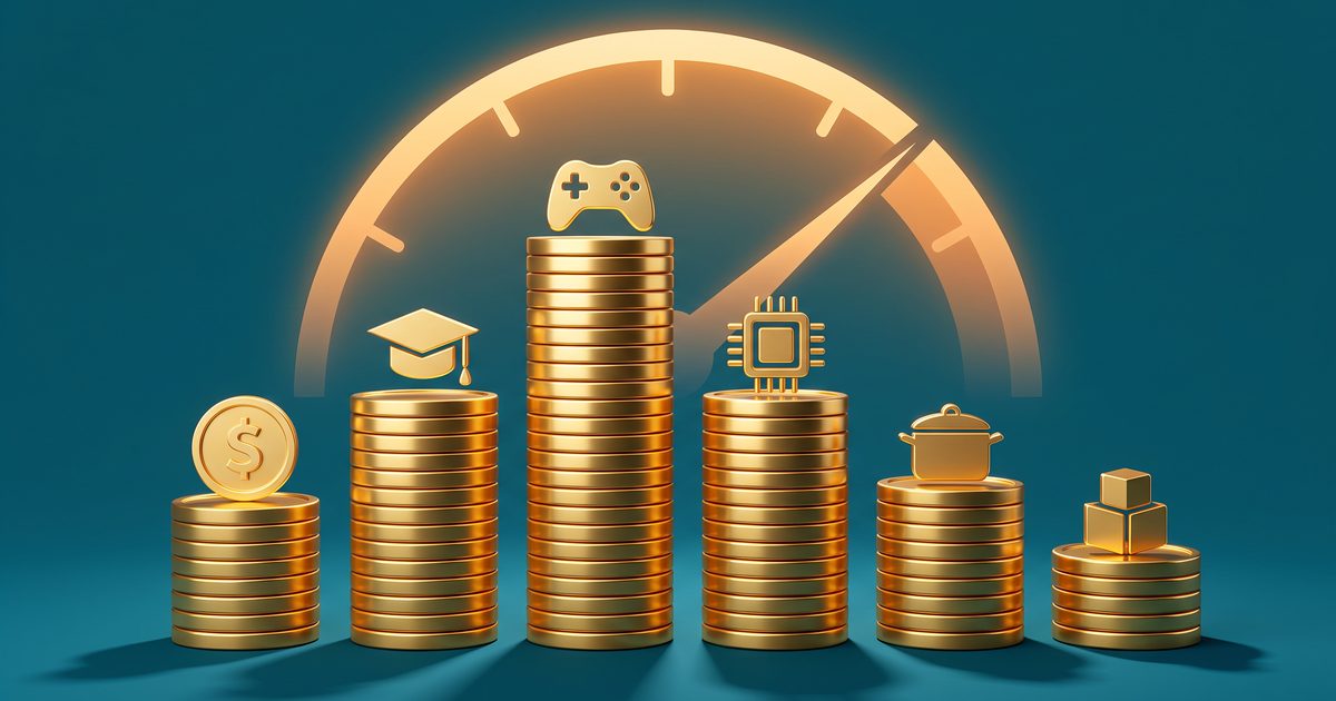 Coin stacks of different heights topped with topic icons in front of a glowing gauge, showing pay varying by niche